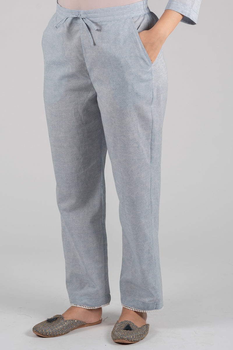 Grey Floral Print Straight Pants - Dhãran