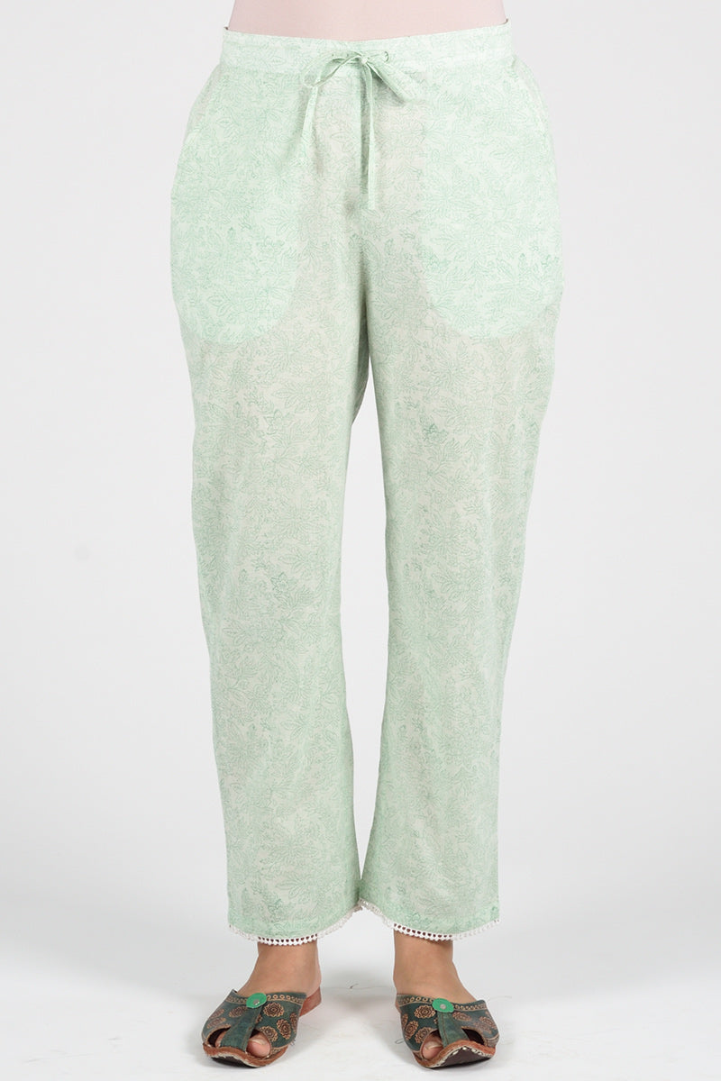 Mint Green Floral Printed Straight Pants - Dhãran