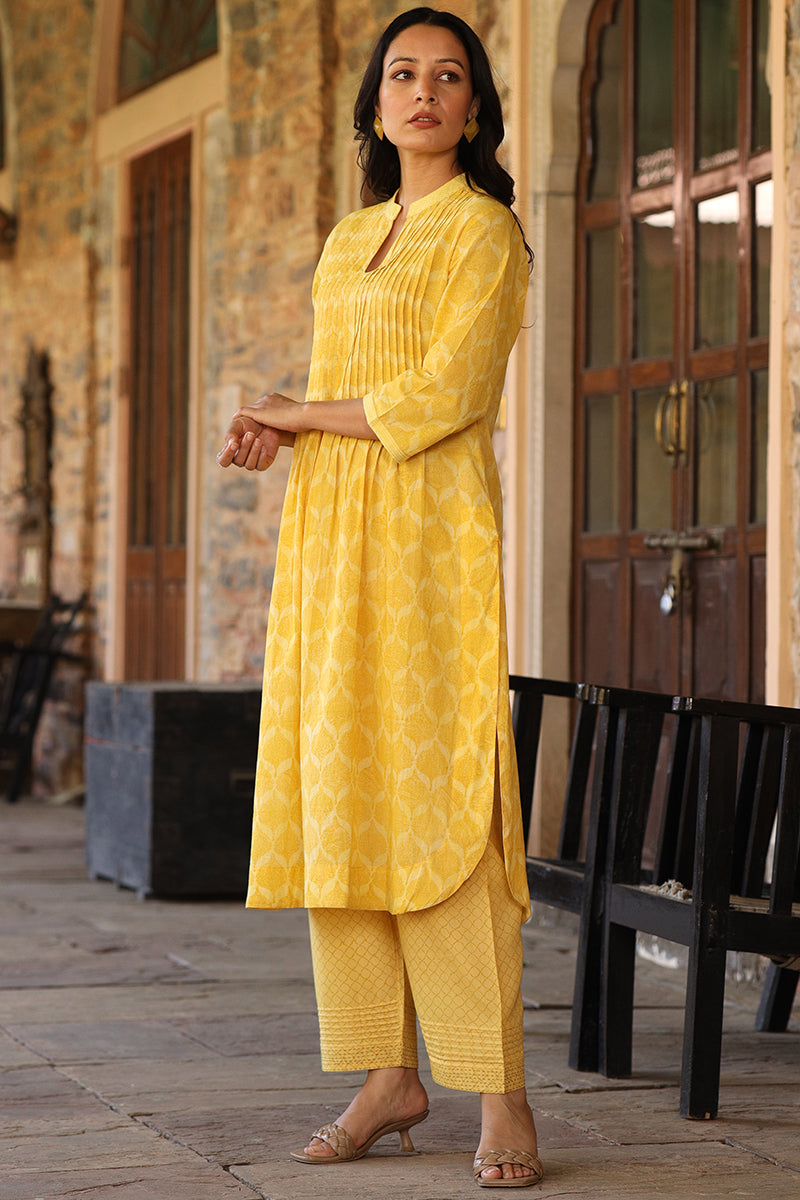 Charchara Print Yellow Pintuck Kurta