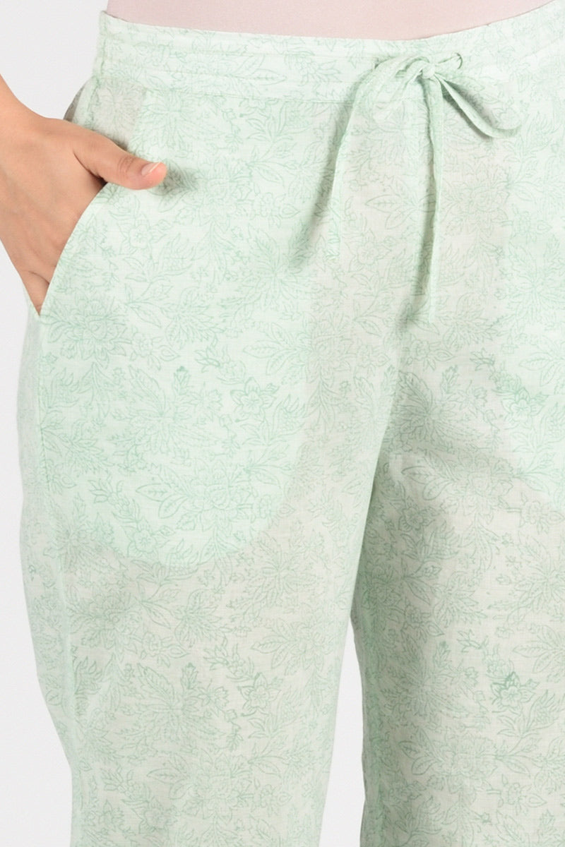 Mint Green Floral Printed Straight Pants - Dhãran