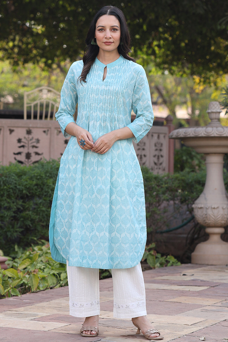 Charchara Print Pintuck Blue Kurta