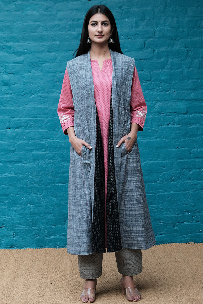 Grey Sleeveless Long Shrug - Dhãran